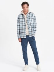 Spodnie męskie materiałowe JOGGERY z ozdobnym sznurkiem - niebieskie V10 - Rozmiar: XL. Niebieskie spodnie na co dzień męskie Ombre Clothing, bez wzorów, z bawełny. W wyprzedaży za 39.99 zł.