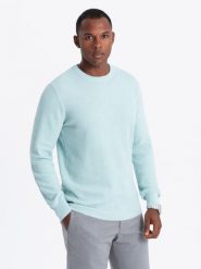 Melanżowy męski sweter ze strukturalnej dzianiny – miętowy V1 - Rozmiar: S. Zielone swetry męskie Ombre Clothing, bez wzorów, z bawełny, bez kołnierzyka, bez ramiączek. W wyprzedaży za 89.99 zł.