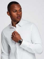 Klasyczna męska koszula SLIM FIT z tkaniny satynowej – biała V1 - Rozmiar: L. Białe koszule męskie Ombre Clothing, l, bez wzorów, z bawełny, bez kołnierzyka, bez ramiączek. W wyprzedaży za 119.99 zł.
