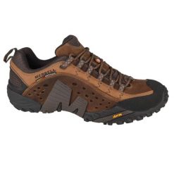 Buty trekkingowe męskie Merrell Intercept. Brązowe buty trekkingowe męskie Merrell, bez wzorów, z materiału, sportowe, bez obcasa, bez zapięcia. Za 627.00 zł.
