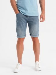 Szorty jeansowe męskie z podwiniętą nogawką - jasnoniebieskie V1 OM-SRDS-0164 XL. Niebieskie szorty sportowe męskie Ombre, bez wzorów, z jeansu, sportowe. Za 317.70 zł.