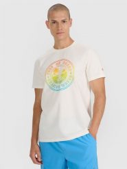 4F T-shirt regular z nadrukiem męski - beżowy L. Brązowe t-shirty męskie 4f, l, bez wzorów, z bawełny, bez kołnierzyka, bez ramiączek. Za 69.99 zł.