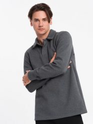 Bluza męska z kołnierzykiem polo ze strukturalnej dzianiny - grafitowy melanż V1 OM-SSNZ-0149 - XXL. Szare bluzy rozpinane męskie Ombre Clothing, l, bez wzorów, z bawełny, bez ramiączek, bez kaptura. W wyprzedaży za 59.99 zł.
