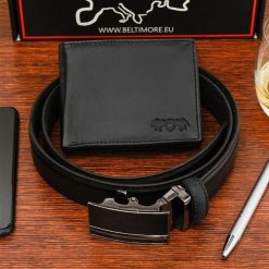 Zestaw męski skórzany portfel pasek duży Beltimore U89. Czarne paski męskie bez wzorów. Za 124.90 zł.