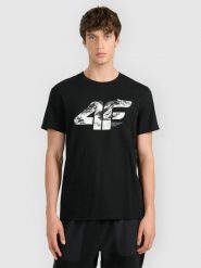 4F T-shirt regular z nadrukiem męski - czarny M. Czarne t-shirty męskie 4f, m, bez wzorów, z bawełny, bez kołnierzyka, bez ramiączek. Za 59.99 zł.