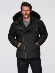 Kurtka pikowana męska o kroju ramoneski z kapturem - czarna V1 - Rozmiar: M. Czarne kurtki męskie Ombre Clothing, na zimę, l, bez wzorów, z materiału, eleganckie, bez ramiączek, z kapturem. Za 589.99 zł.