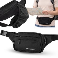 Saszetka nerka Wozinsky wodoodporna regulowana na pas ramię 6 kieszeni trekking. Czarne saszetki męskie Wozinsky, bez wzorów. Za 59.99 zł.