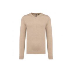 Sweter z dekoltem w kształcie litery V Kariban. Brązowe swetry męskie KARIBAN, bez wzorów, z bawełny, bez kołnierzyka, bez ramiączek. Za 185.00 zł.