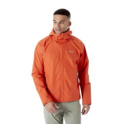 Kurtka przeciwdeszczowa męska Rab Downpour Eco Jacket z kapturem. Brązowe kurtki męskie RAB, m, bez wzorów, bez ramiączek, z kapturem. Za 369.99 zł.