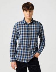 MĘSKA KOSZULA KRATA WRANGLER 1 PKT INDIGO SHIRT NAVY 112357226. Niebieskie koszule męskie Wrangler, m, bez wzorów, z bawełny, bez kołnierzyka, bez ramiączek. W wyprzedaży za 99.99 zł.