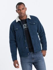 Kurtka męska sztruksowa typu sherpa - granatowa V8 C524 - S. Niebieskie kurtki męskie Ombre Clothing, na jesień, m, bez wzorów, ze sztruksu, klasyczne, bez ramiączek, bez kaptura. W wyprzedaży za 99.99 zł.