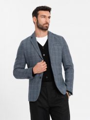 Żakardowa marynarka męska w delikatną kratę - grafitowa V1 - Rozmiar: S. Szare marynarki męskie Ombre Clothing, m, bez wzorów, z materiału. W wyprzedaży za 149.99 zł.