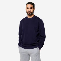 Bluza męska Domyos Gym & Pilates. Niebieskie bluzy nierozpinane męskie DOMYOS, m, bez wzorów, z bawełny, sportowe, bez ramiączek, bez kaptura. Za 69.99 zł.