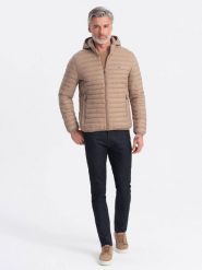 Męska kurtka pikowana pakowana w worek - brązowa V4 - Rozmiar: S. Brązowe kurtki męskie Ombre Clothing, m, bez wzorów, z materiału, bez ramiączek. W wyprzedaży za 217.49 zł.