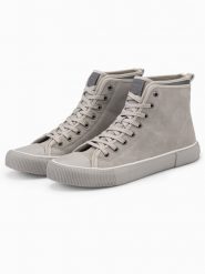 Wysokie buty męskie trampki z dekoracyjną lamówką – popielate V3 - Rozmiar: 41. Szare trampki męskie Ombre Clothing, bez wzorów, z gumy, eleganckie, przed kolano, bez zapięcia. W wyprzedaży za 109.99 zł.