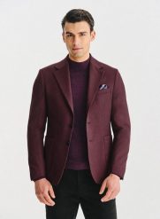 PAKO LORENTE – Bordowa marynarka z wełną i jedwabiem. Czerwone marynarki męskie Pako Lorente, m, bez wzorów, z jedwabiu. Za 769.99 zł.