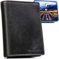 Elegancki, skórzany portfel męski w czarnym kolorze bez zapięcia zewnętrznego - Peterson. Czarne portfele męskie Peterson, bez wzorów, ze skóry. Za 89.99 zł.