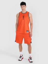 4F Spodenki do koszykówki szybkoschnące męskie - pomarańczowe XL. Brązowe szorty sportowe męskie 4f, w ażurowe wzory, z dzianiny, sportowe. W wyprzedaży za 79.99 zł.