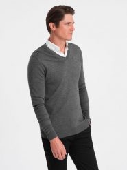 Sweter męski z dekoltem "w serek" z koszulowym kołnierzykiem - grafitowy V3 - Rozmiar: S. Szare swetry męskie Ombre Clothing, bez wzorów, z bawełny, klasyczne, bez kołnierzyka, bez ramiączek. W wyprzedaży za 69.99 zł.