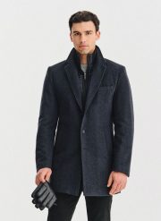 PAKO LORENTE - Grafitowy płaszcz męski z odpinanym kołnierzem. Szare płaszcze męskie Pako Lorente, na jesień, m, bez wzorów, z poliesteru, bez kaptura. Za 499.99 zł.