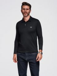Polo koszulka z długim rękawem zapinana na eleganckie, brandowane guziki czarna V1 OM-POLS-0139 S. Brązowe koszulki polo męskie Ombre, m, bez wzorów, eleganckie, bez kołnierzyka, bez ramiączek. Za 226.92 zł.