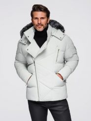 Pikowana kurtka męska o kroju ramoneski z kapturem - jasnoszara V4 - Rozmiar: M. Szare kurtki męskie Ombre Clothing, na zimę, l, bez wzorów, z materiału, eleganckie, bez ramiączek, z kapturem. Za 589.99 zł.