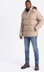 Kurtka męska Ombre Męska kurtka puffer z podszewką w kratę beżowa V2 OM-JAHP-0205 L. Brązowe kurtki męskie Ombre, l, bez wzorów, bez ramiączek, bez kaptura. Za 399.99 zł.