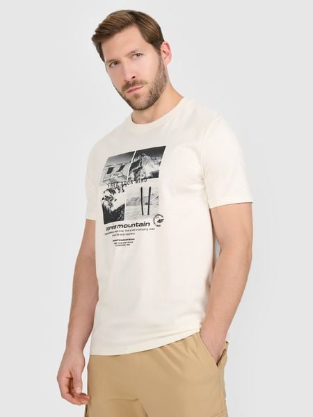 4F T-shirt regular z nadrukiem męski - beżowy L. Brązowe t-shirty męskie 4f, l, bez wzorów, z bawełny, bez kołnierzyka, bez ramiączek. Za 69.99 zł.