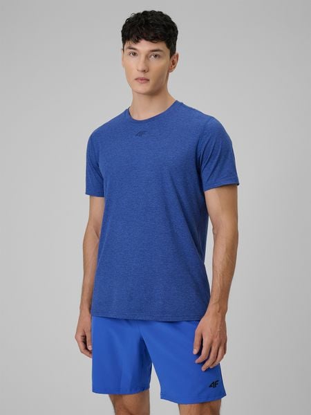 4F Koszulka treningowa regular szybkoschnąca męska - niebieska M. Niebieskie t-shirty męskie 4f, m, bez wzorów, ze skóry, bez kołnierzyka, bez ramiączek. Za 119.99 zł.