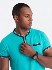 T-shirt męski henley ozdobnymi ściągaczami - turkusowy V7 OM-TSCT-0175 - XXL. Niebieskie t-shirty męskie Ombre Clothing, l, z aplikacjami, z elastanu, bez kołnierzyka, bez ramiączek. W wyprzedaży za 39.99 zł.