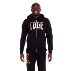 Męska bluza z kapturem i zamkiem błyskawicznym w kolorze złotym. Czarne bluzy z kapturem męskie LEONE 1947 APPAREL, l, bez wzorów, z tkaniny, z kapturem. Za 309.00 zł.