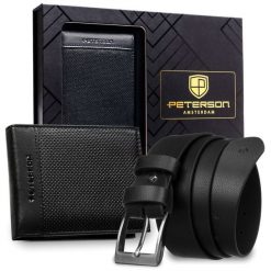 Zestaw prezentowy: skórzany portfel męski w czarnym kolorze bez zapięcia i czarny pasek ze skóry ekologicznej - Peterson. Czarne portfele męskie Peterson, bez wzorów, ze skóry ekologicznej. Za 109.00 zł.