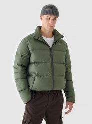 4F Kurtka zimowa puchowa z naturalnym wypełnieniem męska - oliwkowa/khaki XL. Brązowe kurtki męskie 4f, na zimę, m, bez wzorów, z dzianiny, klasyczne, bez ramiączek, z kapturem. W wyprzedaży za 349.99 zł.