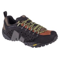 Buty trekkingowe męskie, Merrell Intercept. Czarne buty trekkingowe męskie Merrell, bez wzorów, z gumy, sportowe, bez obcasa, bez zapięcia. Za 747.00 zł.
