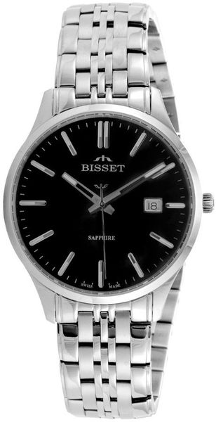 Szwajcarski zegarek męski Bisset BSDF38 szafirowe szkło srebrny czarna tarcza. Czarne zegarki męskie Bisset, srebrne. Za 569.40 zł.