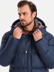 Kurtka męska Ombre Kurtka męska puffer z podszewką w kratę granatowa V1 OM-JAHP-0205 XL. Kurtki męskie Ombre, m, bez wzorów, bez ramiączek, bez kaptura. Za 399.99 zł.