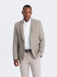 Męska elegancka marynarka z dekoracyjnymi guzikami na mankietach - beżowa V3 - Rozmiar: L. Brązowe marynarki męskie Ombre Clothing, l, bez wzorów, z poliesteru. W wyprzedaży za 149.99 zł.