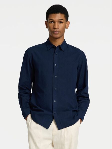 Selected Homme Koszula 16078867 Granatowy Slim Fit. Niebieskie koszule męskie Selected Homme, m, bez wzorów, z bawełny, bez kołnierzyka, bez ramiączek. Za 99.99 zł.