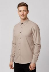 Beżowa koszula, Slim Fit, K-TANALO. Brązowe koszule męskie Volcano, m, bez wzorów, z bawełny, bez kołnierzyka, bez ramiączek. Za 139.99 zł.