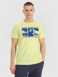 4F T-shirt regular z nadrukiem męski - zielony XL. Zielone t-shirty męskie 4f, m, bez wzorów, z bawełny, bez kołnierzyka, bez ramiączek. Za 69.99 zł.