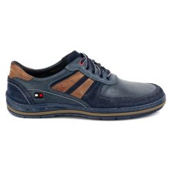 KOMODO Półbuty męskie ze skóry Polskie 837k granatowe niebieskie. Niebieskie eleganckie półbuty męskie z materiału, bez obcasa, bez zapięcia. Za 367.89 zł.