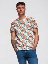 T-shirt męski bawełniany w kwiatowy wzór full print – biały V1 - Rozmiar: XXL. Białe t-shirty męskie Ombre Clothing, m, bez wzorów, z bawełny, bez kołnierzyka, bez ramiączek. W wyprzedaży za 29.99 zł.