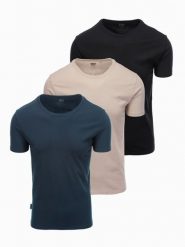 Zestaw męskich bawełnianych koszulek BASIC z okrągłym dekoltem – czarny/granatowy/piaskowy V7 OM-TSBS-0232 - XXL. Niebieskie t-shirty męskie Ombre Clothing, l, bez wzorów, z bawełny, bez kołnierzyka, bez ramiączek. Za 89.99 zł.