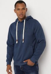 Granatowa Bluza z Bawełną i Kapturem Ozdobiona Sznurkami Arflora. Niebieskie bluzy nierozpinane męskie Born2be, l, bez wzorów, z bawełny, biznesowe, bez ramiączek, z kapturem. Za 84.99 zł.