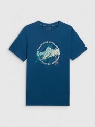 4F T-shirt regular z nadrukiem męski - turkusowy L. Niebieskie t-shirty męskie 4f, l, bez wzorów, z bawełny, bez kołnierzyka, bez ramiączek. Za 59.99 zł.