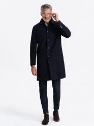Długi męski jednorzędowy płaszcz z kołnierzykiem i podpinką – granatowy V3 OM-COWC-0106 - XXL. Niebieskie płaszcze męskie Ombre Clothing, l, bez wzorów, z materiału, eleganckie, bez kaptura. Za 365.99 zł.