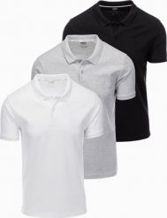 Komplet bawełnianych męskich t-shirtów polo BASIC czarny/szary melanż/biały V2 OM-POBS-0133 XL. Białe koszulki polo męskie Ombre, m, bez wzorów, z bawełny, bez kołnierzyka, bez ramiączek. Za 376.71 zł.