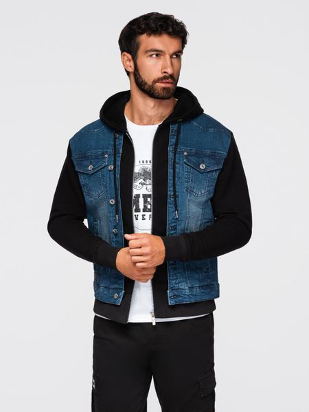 Męska kurtka jeansowa z dzianinowymi rękawami i kapturem – niebiesko-czarna V2 - Rozmiar: XXL. Niebieskie kurtki męskie Ombre Clothing, m, bez wzorów, z bawełny, eleganckie, bez ramiączek. Za 379.99 zł.